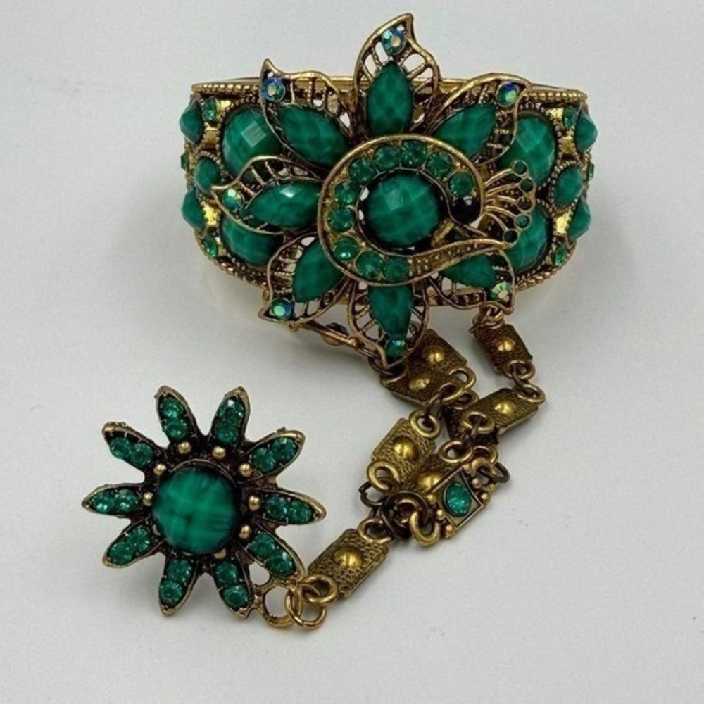 Green Peacock Rhinestone Cuff Bracelet Gold Tone‎ Boho Statement Jewelry